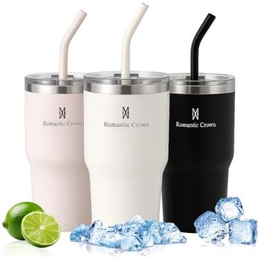 Imagem de Romantic Crown Copo Térmico com Aço inoxidável Canudo e Tampa 591ml, Copos Garrafas Termico para viagem isolamento a vácuo,Caneca Termica Cafe,Água,Chá,Presente,Fitness (Creme-591ml)