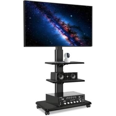 Imagem de Suporte de Chão TV, Suporte TV 26 a 70 polegadas, Altura Regulável de 114cm a 134cm, para Televisores/Monitores, Pode Girar 30° para a Esquerda e para a Direita, com 2 Prateleiras de Armazenamento
