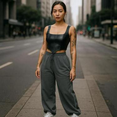 Imagem de Calça básica simples reta larga de tactel com ajuste de cordão na cint