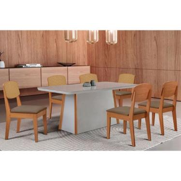 Imagem de Conjunto Sala de Jantar Tilia c/ Tampo Madeirado c/ Vidro Canto Curvo 180x90cm e 6 Cadeiras Havana Premium Naturale/Off White - Suede Capuccino-Rufato