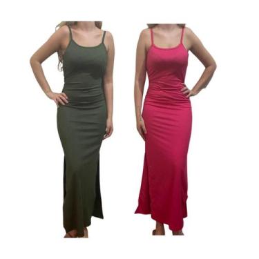 Imagem de KIT C/2 Vestidos Longo Canelado com Fenda - Emporio J, Militar, Pink, 
