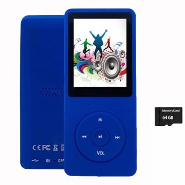 Imagem de Leitor de MP3 de 64 GB com alto-falante, fones de ouvido, reprodutor de música portátil para crianças, suporte de música/imagem/vídeo/gravação de voz/e-book azul