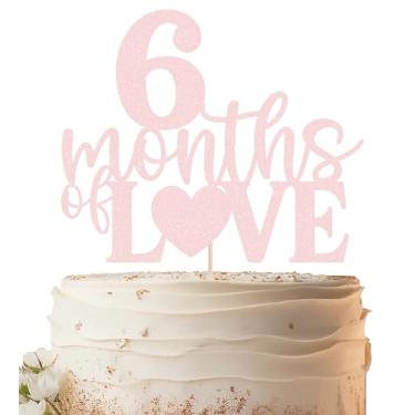 Imagem de EONNCNT Topo de bolo 6 Meses de Amor - Materiais de decoração de bolo de meio aniversário com glitter rosa claro para chá de bebê, revelação de gênero ou adereços de cabine de fotos de festa de