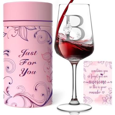 Imagem de Presentes de taça de vinho monograma personalizados para mulheres - Taça de vinho personalizada A-Z com caixa de presente e cartão comemorativo, presentes de aniversário exclusivos de Natal para ela
