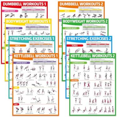 Imagem de gisgfim 8 peças de pôsteres de treino para halteres de ginástica em casa, peso corporal, alongamento, tabela de exercícios Kettlebell, conjunto de pôsteres de exercícios físicos de corpo inteiro