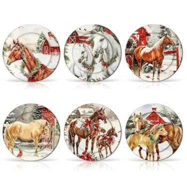 Imagem de LOYIM 6 peças de pratos de jantar de melamina reutilizáveis de Natal de 20 cm com tema natalino, pratos redondos, conjunto de utensílios de jantar para salada, macarrão, Natal, festa de aniversário
