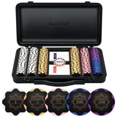 Imagem de Maleta de Poker com Detalhes de Couro e 300 Fichas Numeradas para Texas Holdem, SLOWPLAY, Preta