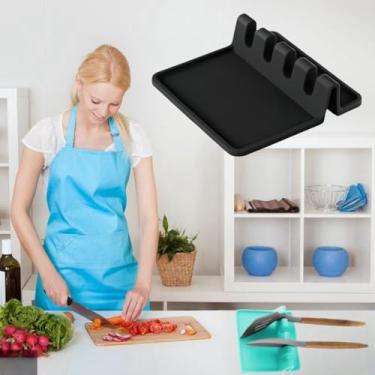 Imagem de Descanso de colher de silicone para fogão com almofada de gotejamento - resistente ao calor, descanso de utensílios e suporte de colher sem BPA para balcão de cozinha - Suporte de utensílios de grelha