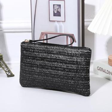 Imagem de Bolsa clutch feminina de palha - Bolsa de mão boêmia verão praia com zíper, Preto, Compact (8.6 x 5.1 x 0.55 inches)