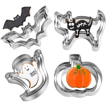 Imagem de Conjunto de cortadores de biscoito de aço inoxidável de Halloween, cortador de biscoito de 12 peças, formas de morcego/fantasma/abóbora/gato preto para festas de fim de ano