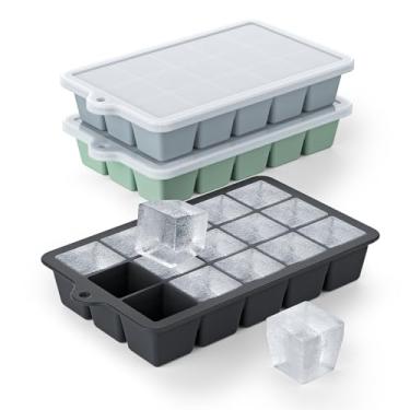 Imagem de Bandeja de silicone para cubos de gelo, pacote com 3, bandeja de gelo de fácil liberação com tampa, bandejas de cubos de gelo sem BPA para freezer, molde de cubo de gelo para coquetéis, uísque (preto