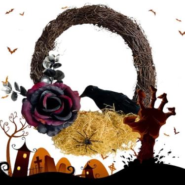Imagem de Guirlanda de Halloween para porta da frente, guirlanda de Halloween com flor artificial para porta | adereços para fotos, decoração de casa, decorações de festa artificiais realistas para janela de