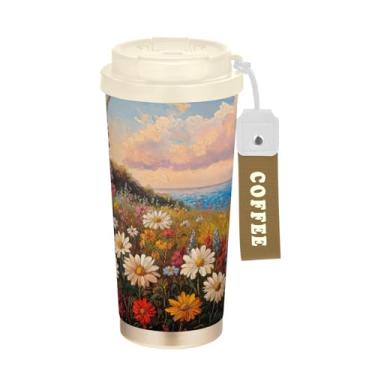 Imagem de Blueangle Caneca de café isolada para viagem com pintura de margaridas - copo de aço inoxidável à prova de vazamento e derramamento para acampamento e ar livre, garrafa de água reutilizável de 500 ml