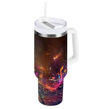Imagem de xigua Music Notes Copo de 1,134 g com tampa e canudo, aço inoxidável de vácuo duplo isolado garrafa de água esportiva suporte para copo de café de viagem à prova de vazamento para bebida gelada