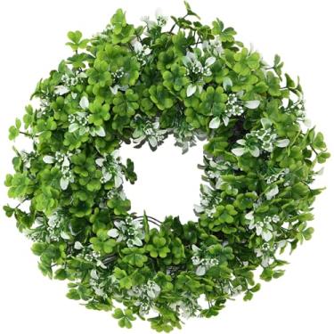 Imagem de BINFEN Guirlanda de Dia de São Patrício de 45,7 cm – Coroas de trevo verde para porta da frente com flores brancas, decoração de porta pequena para o dia de São Patrício, primavera, verão, ambientes