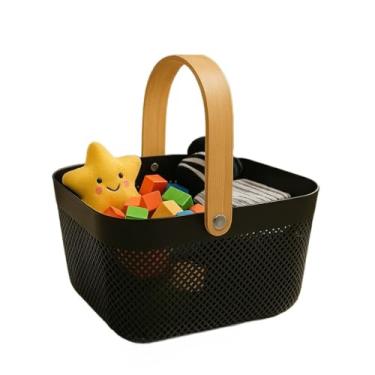 Imagem de Cesto Organizador de Plástico com Alça de Bambu – Preto ou Branco, Tamanhos M e G Cozinha Banheiro(QUADRADO PRETO)