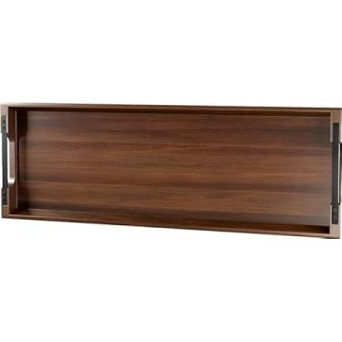 Imagem de Bandeja de servir de madeira de acácia com alças de metal – Bandeja decorativa extra grande de 91 cm para café da manhã na cama, jantar, bar, cozinha e decoração de casa