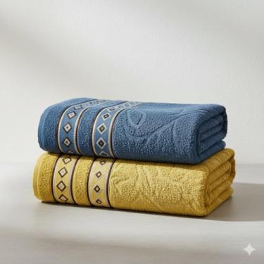 Imagem de Kit Toalha de Banho 2 Pçs 100% Algodão 350 g/m2 150cm x 75cm Hipoalergênica - Barra Decoratica, Luxo, Toque Macio e alta absorção