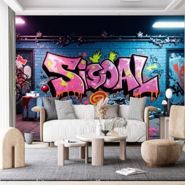 Imagem de Murais de parede de tamanho personalizado, grafite urbano SIGOAL coroa de texto luzes neon tecido de parede autoadesivo (sem PVC) papel de parede grande removível para sala de estar, quarto