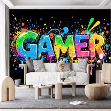 Imagem de Murais de parede de tamanho personalizado, papel de parede autoadesivo com letras gradientes multicoloridas (SEM PVC) Papel de parede grande removível para sala de estar, quarto, escritório