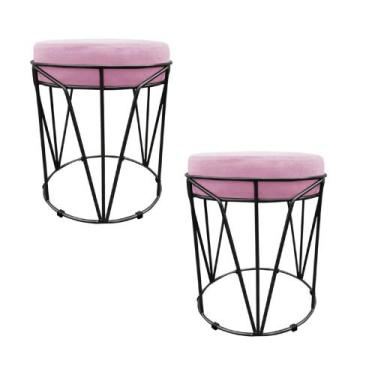 Imagem de Kit 02 Puffs Babu Suede Rosa Bebê Base Preto - D'Rossi