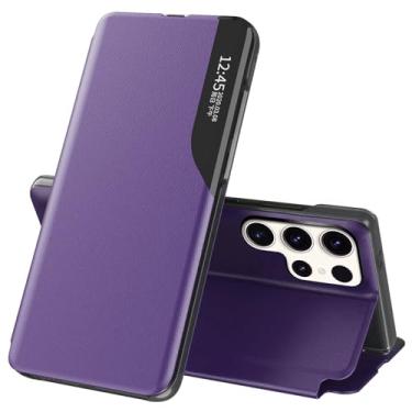Imagem de Capa S25 Ultra Flip para Samsung Galaxy S25 Ultra 5G, capa de couro slim fit transparente para Samsung S25 Ultra capa de telefone com suporte, resistente, resistente, à prova de choque (roxa)