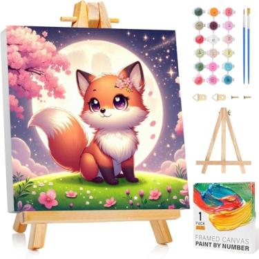 Imagem de Arttoplus Kit de pintura por números para crianças com moldura, pintura de raposa por números para crianças de 8 a 12 anos com cavalete de madeira, pintura a óleo de animais DIY fácil por número para