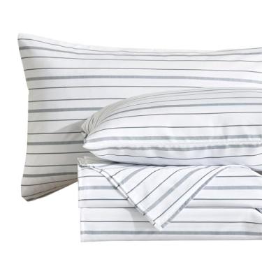 Imagem de MCO Conjunto de lençóis listrados de 4 peças, conjunto de lençol completo respirável com bolso profundo de 41 cm, moderno e luxuoso, conjunto de cama de microfibra escovada (casal, branco)