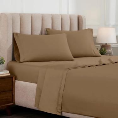 Imagem de Superior Jogo de lençol de algodão egípcio de 4 peças, luxuoso, 1000 fios, design moderno, lençóis sustentáveis, básicos ultramacios, sólido, lençol com elástico alto, lençol de cima, fronhas, casal