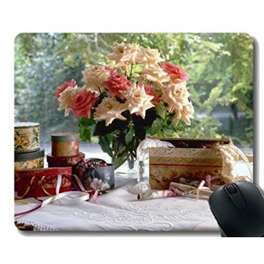 Imagem de Mouse pad com borda de bloqueio, caixa de vaso de buquê de rosas e flores, guardanapos raros, mouse pads antiguidade