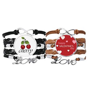 Imagem de DIYthinker Pulseira de couro rosa vermelho com corações brancos para o Dia dos Namorados com corda de couro e pulseira de amor cereja conjunto duplo