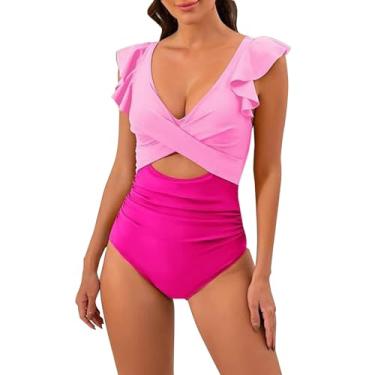 Imagem de Biquíni feminino de cintura alta estampado conservador com almofada de peito sem aço roxo, rosa, XXG