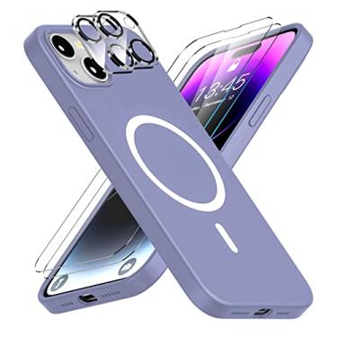Imagem de jaroco [8 em 1] Capa projetada para iPhone 14 Plus, capa fina de silicone líquido [compatível com MagSafe] [com 2 peças de protetor de tela de vidro + protetor de lente de câmera] capa de telefone à prova de choque - roxo pálido