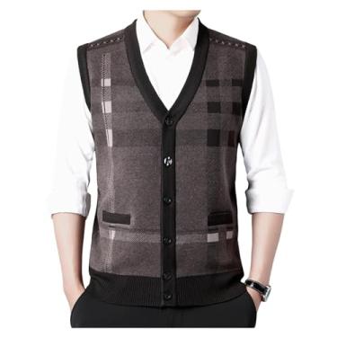 Imagem de Cardigã masculino de malha com botões, colete com bolso, colete e estampa losango, suéter de malha, Café, 3G