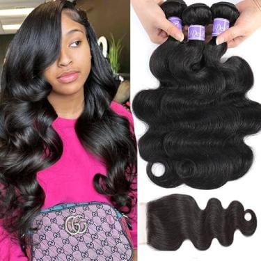 Imagem de UDesire Cabelo 100% virgem brasileiro não processado cabelo ondulado 3 pacotes com fecho (16 18 20 + 14 parte livre) 8A extensões de cabelo humano ondulado brasileiro com fecho de renda suíça 4x4