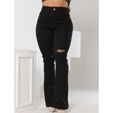 Imagem de Calça Jeans Feminina Flare Lycra Preto Destroyed nos Joelhos Tecido Pr