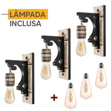 Imagem de Kit 3 Arandelas Luminária Colonial Rústica Madeira + Lâmpada - Delenha