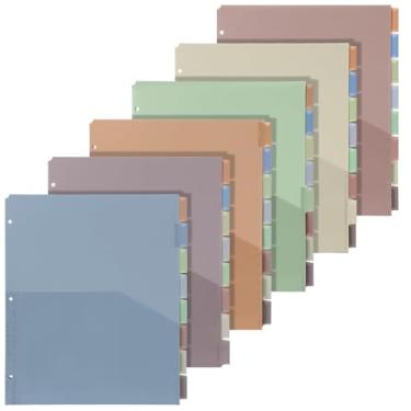 Imagem de 6 conjuntos de divisórias de fichário com 8 abas com bolsos para fichários de plástico com 3 anéis de 21 x 28 cm, divisórias de página perfuradas com 3 furos, divisórias coloridas e resistentes para