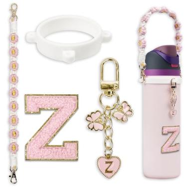 Imagem de SITKOL Lindo conjunto de pingentes de letras para garrafas de água e copos de café Owala 680 g, 947 g, 1,134 g - Inclui alça de alça, compatível com acessórios Owala Free Sip e Stanley Cup (rosa, Z)