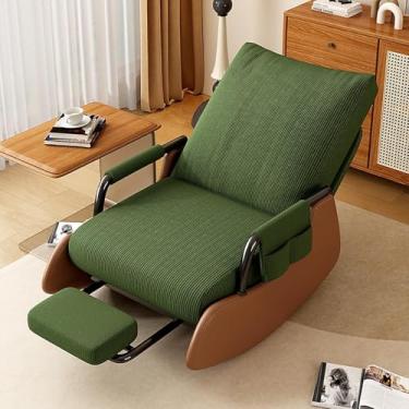 Imagem de Cadeira de balanço de amamentação com função de dormir, poltrona para sala de estar com almofada dobrável para os pés, base de madeira e bolso lateral - Cadeira de balanço confortável para quarto,