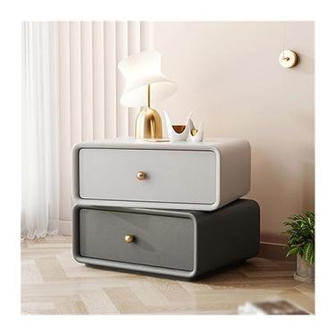 Imagem de Mesa de cabeceira totalmente de madeira com gavetas duplas giratórias, mesa de cabeceira, moderna, simples, cor sólida, móveis de cabeceira, quarto, moldura de cabeceira de canto redondo (cinza claro