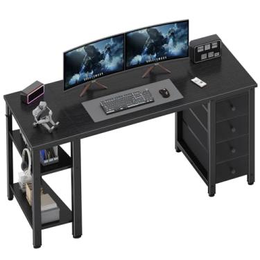 Imagem de Lufeiya Mesa de jogos com 4 gavetas de tecido e prateleiras de armazenamento, mesa de estudo de trabalho e escrita de computador de 140 cm para quarto de escritório, mesa moderna e simples para