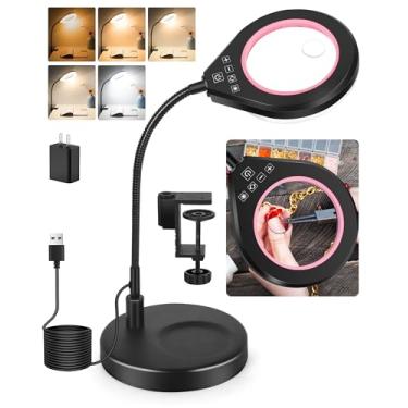 Imagem de NAKOOS Magnifying Glass with Light and Stand, 2-in-1 Desk Magnifying Glass with Light, 5 Color Mode Stepless Dimmable Hands-Free Magnifying Glasses for Close Work Crafts Sewing Painting (Pink)