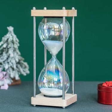 Imagem de Temporizador de areia de ampulheta grande de 60 minutos, vidro pastel macaron e base de madeira de carvalho natural, decoração de mesa de escritório minimalista moderna (branco macaron)