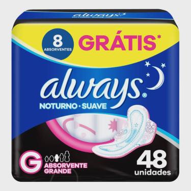 Imagem de Absorvente always noturno tamanho G suave com abas pacote 48 unidades grátis 8 absorventes