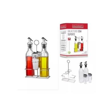 Imagem de Galheteiro Tempero Azeite Saleiro Vinagre Vidro Inox Suporte - ETILUX