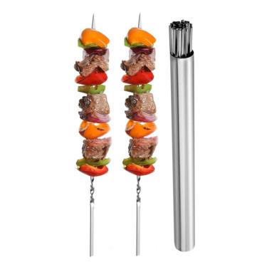 Imagem de Espetos de churrasco de aço inoxidável espetos de churrasco planos espetos de churrasco reutilizáveis com tubo de armazenamento 51 peças espetos de metal para grelhar espetos de churrasco de aço