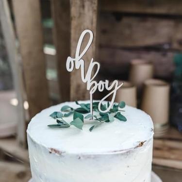 Imagem de Oh Boy Cake Topper - Wooden Oh Boy Baby Shower Cake Decorations for Baby Shower Cake Topper for First Birthday/Gender Reveals Party