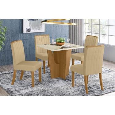 Imagem de Conjunto Mesa De Cozinha Vértice Com Tampo Madeirado 90x90cm E 4 Cadeiras Tauá Nature Linho Henn