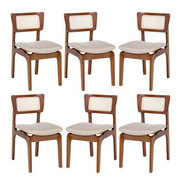 Imagem de Kit 6 Cadeiras De Jantar Portugal Em Madeira Imbuia Encosto Tela Rattan Linho Bege M58